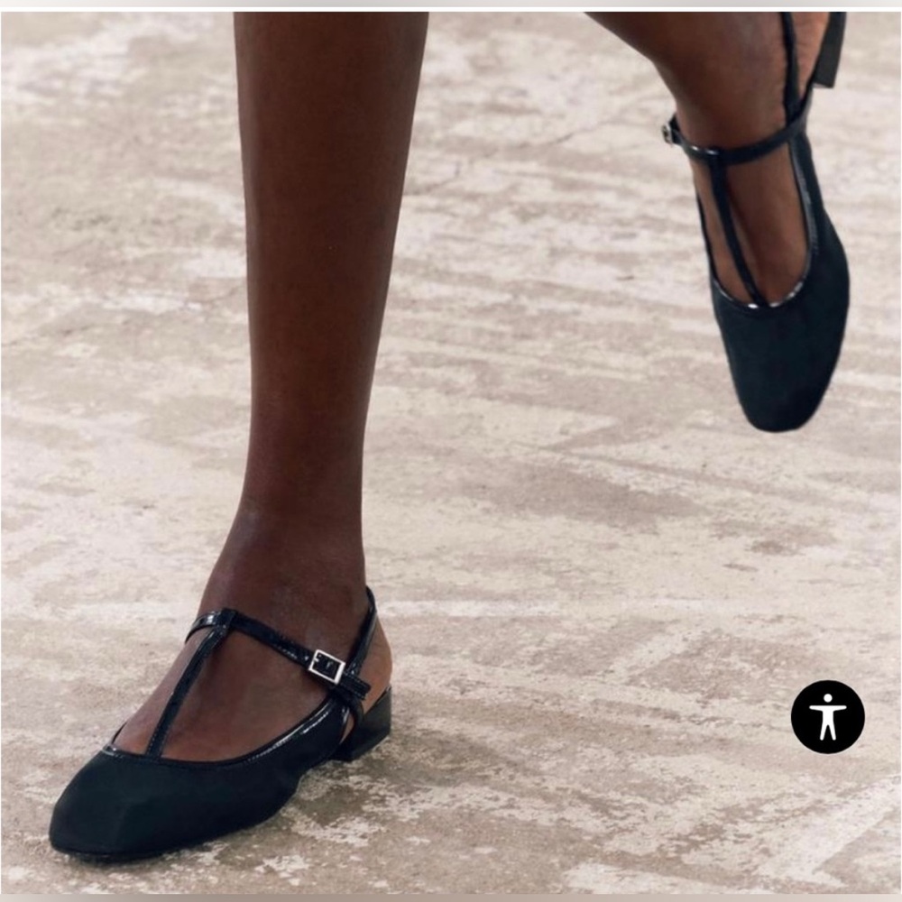 Zara Mary Jane Black Mesh and Patent Slingback Flats Blogger Favorite Size 8
